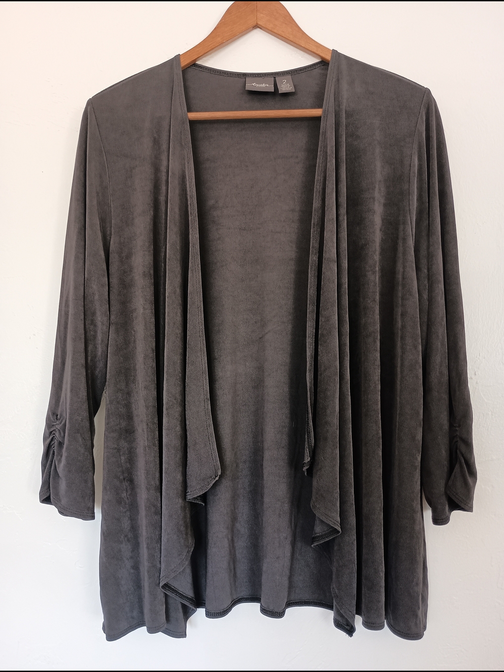 Travelers By Chico's Draped Open-Front 3/4 Sleeve Cardigan - Charcoal Size 2